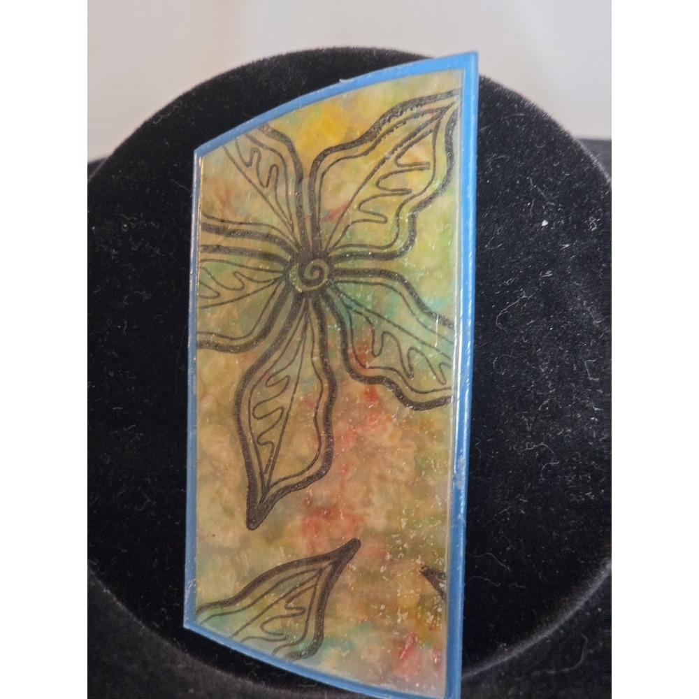 Vintage Handcrafted Signed Asymmetrical Floral Brooch Pin Multicolor Blue Clay
